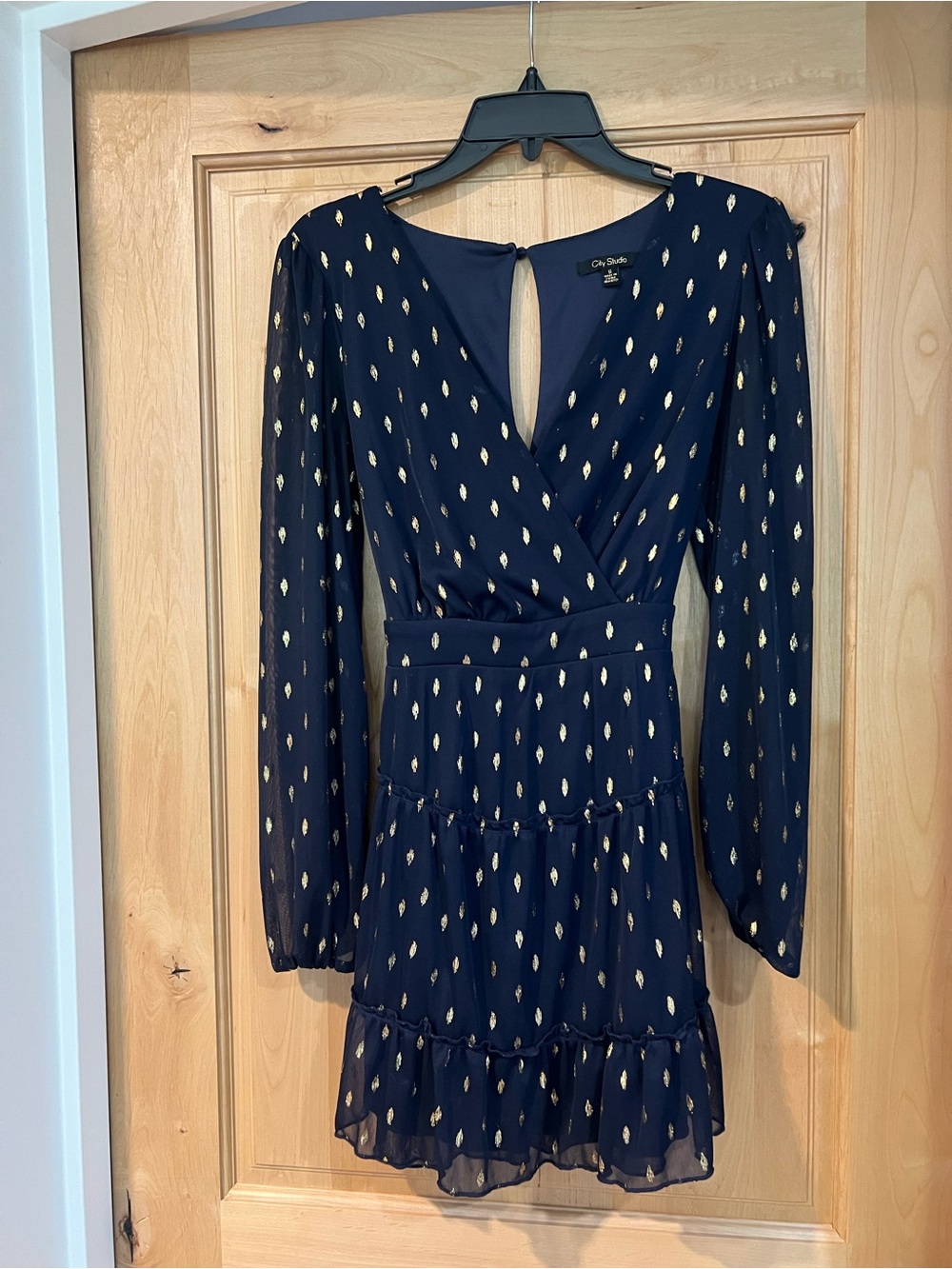 City Studio Navy Long-Sleeve Wrap Dress with Gold Dot Detail